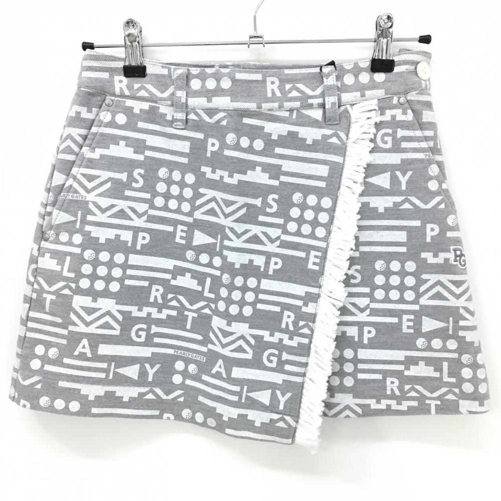 【新品】パーリーゲイツ スカート グレー×白 総柄 フリンジ ストレッチ レディース 0(S) ゴルフウェア PEARLY GATES