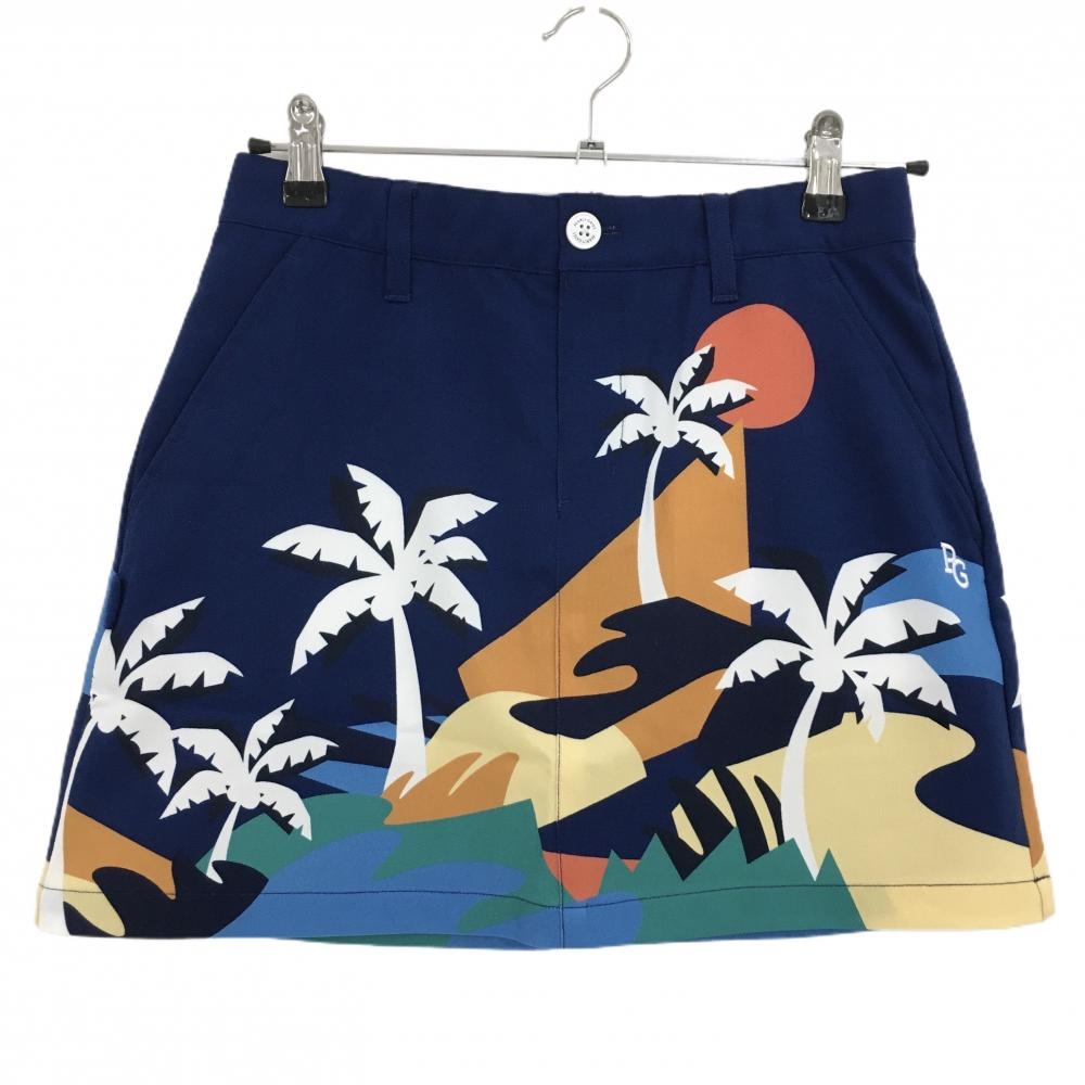 【新品】パーリーゲイツ スカート ネイビー×マルチカラー ヤシの木柄 ロゴ白 レディース 0(S) ゴルフウェア PEARLY GATES
