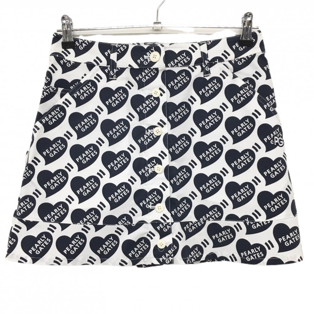 【新品】パーリーゲイツ スカート 白×ネイビー ハートロゴ総柄 ストレッチ レディース 0(S) ゴルフウェア PEARLY GATES