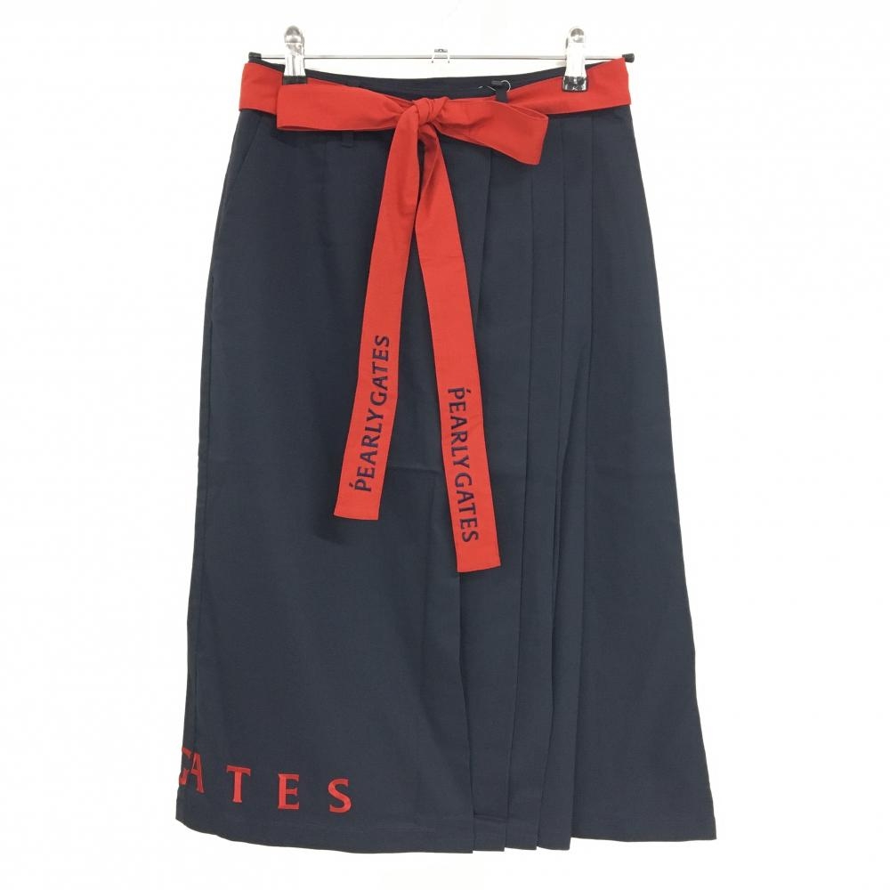 【新品】パーリーゲイツ スカート ダークネイビー×レッド ロゴ刺しゅう ひざ下丈 レディース 0(S) ゴルフウェア PEARLY GATES