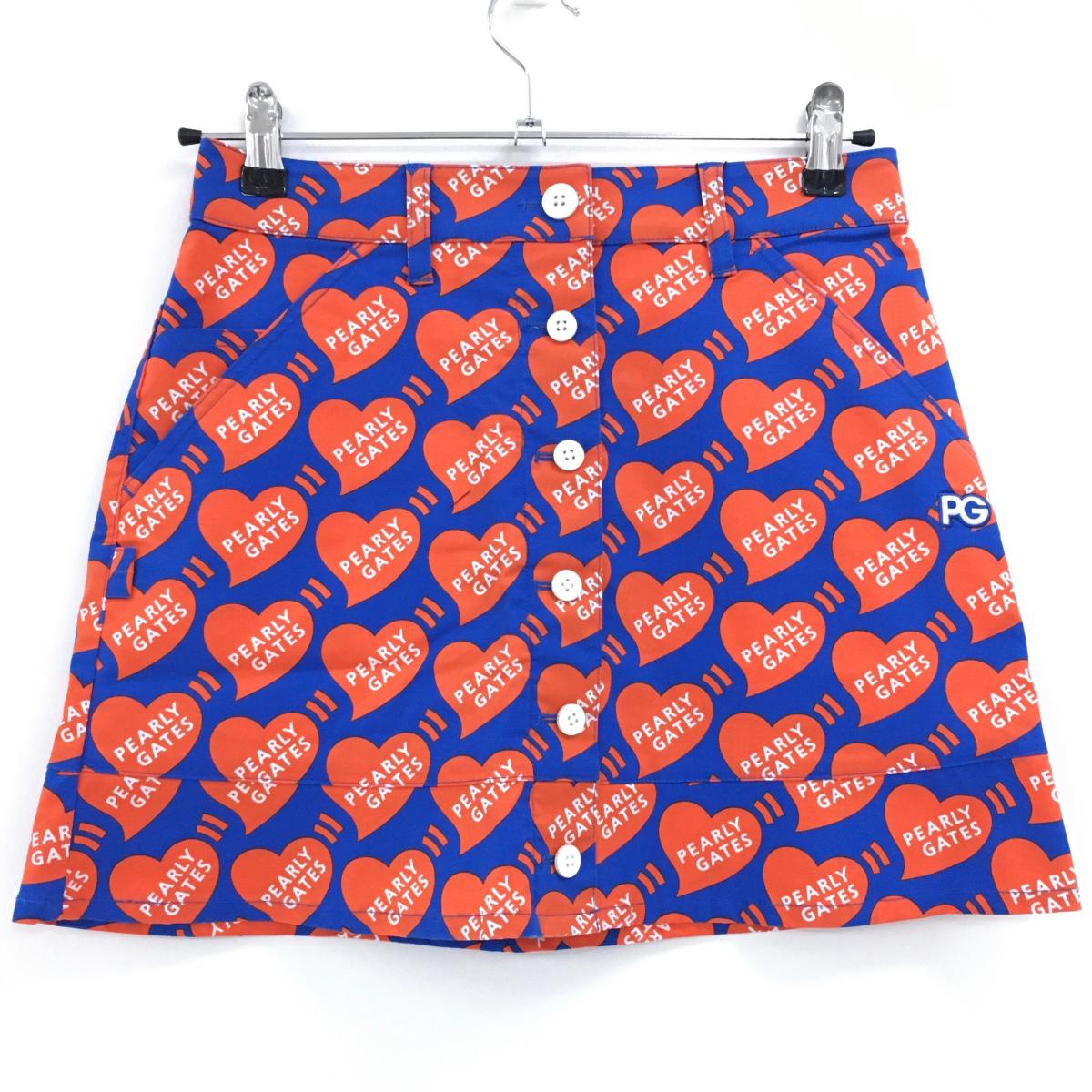 【新品】パーリーゲイツ スカート ブルー×オレンジ ハートロゴ総柄 フロントフェイクボタン レディース 0(S) ゴルフウェア PEARLY GATES