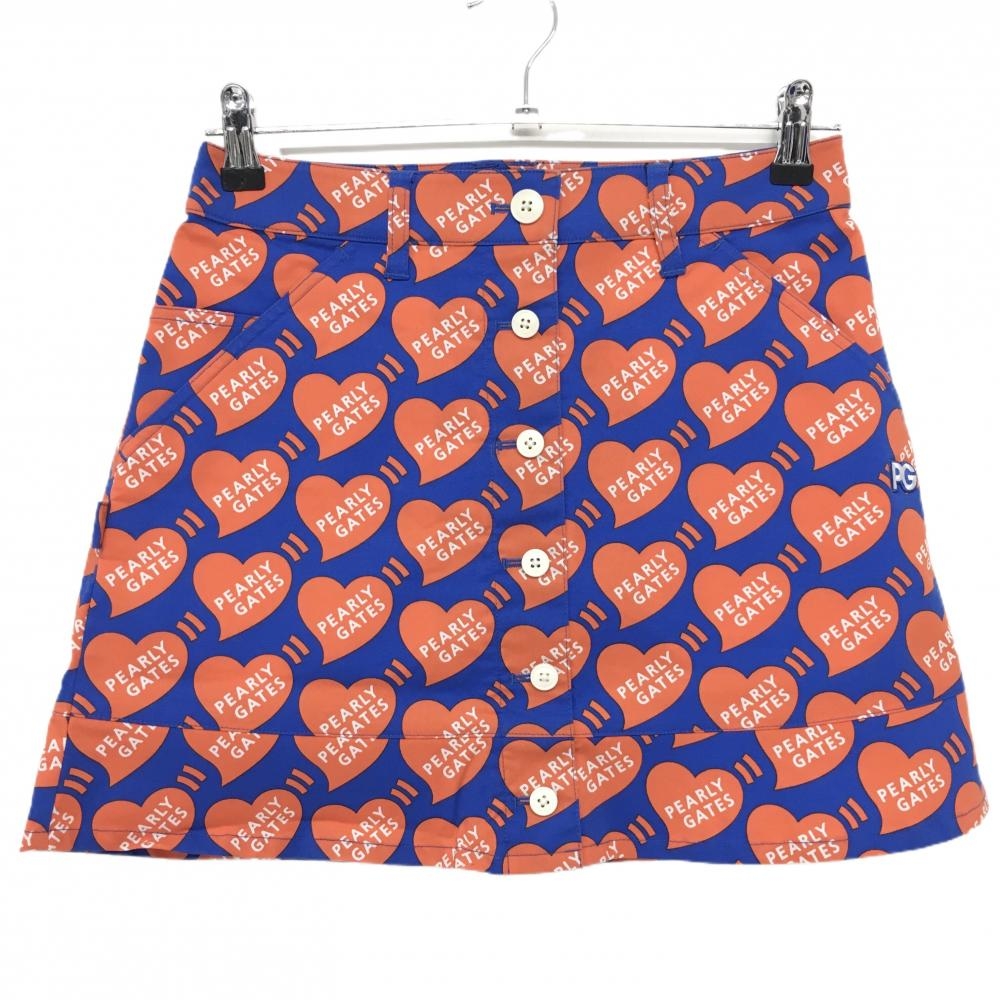【新品】パーリーゲイツ スカート ブルー×オレンジ ハートロゴ総柄 フロントフェイクボタン レディース 0(S) ゴルフウェア PEARLY GATES