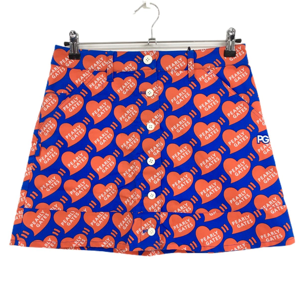 【新品】パーリーゲイツ スカート ブルー×オレンジ ハートロゴ総柄 フロントフェイクボタン レディース 1(M) ゴルフウェア PEARLY GATES
