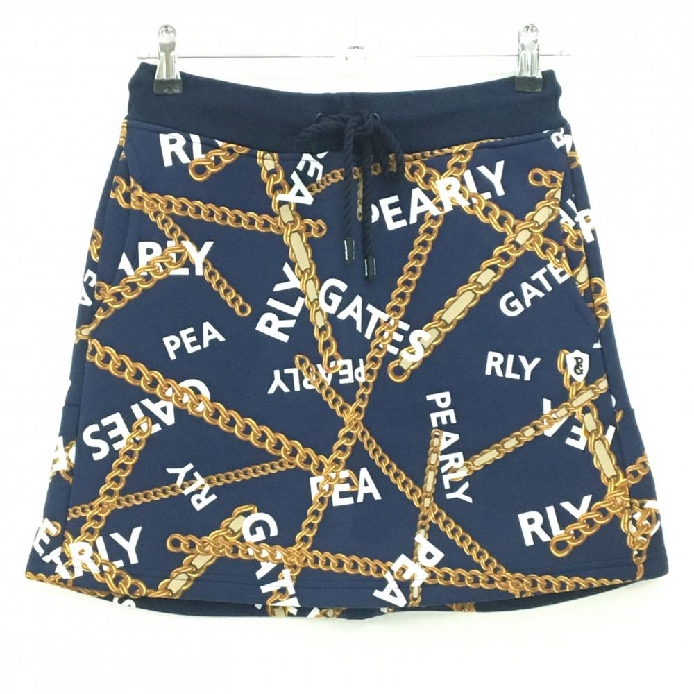 【新品】パーリーゲイツ スカート ネイビー×ゴールド チェーン柄 ウエストゴム 調節紐 レディース 0(S) ゴルフウェア PEARLY GATES