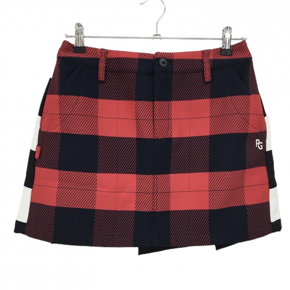 【新品】パーリーゲイツ スカート レッド×ネイビー チェック柄 背面ボーダー 織生地 レディース 1(M) ゴルフウェア PEARLY GATES
