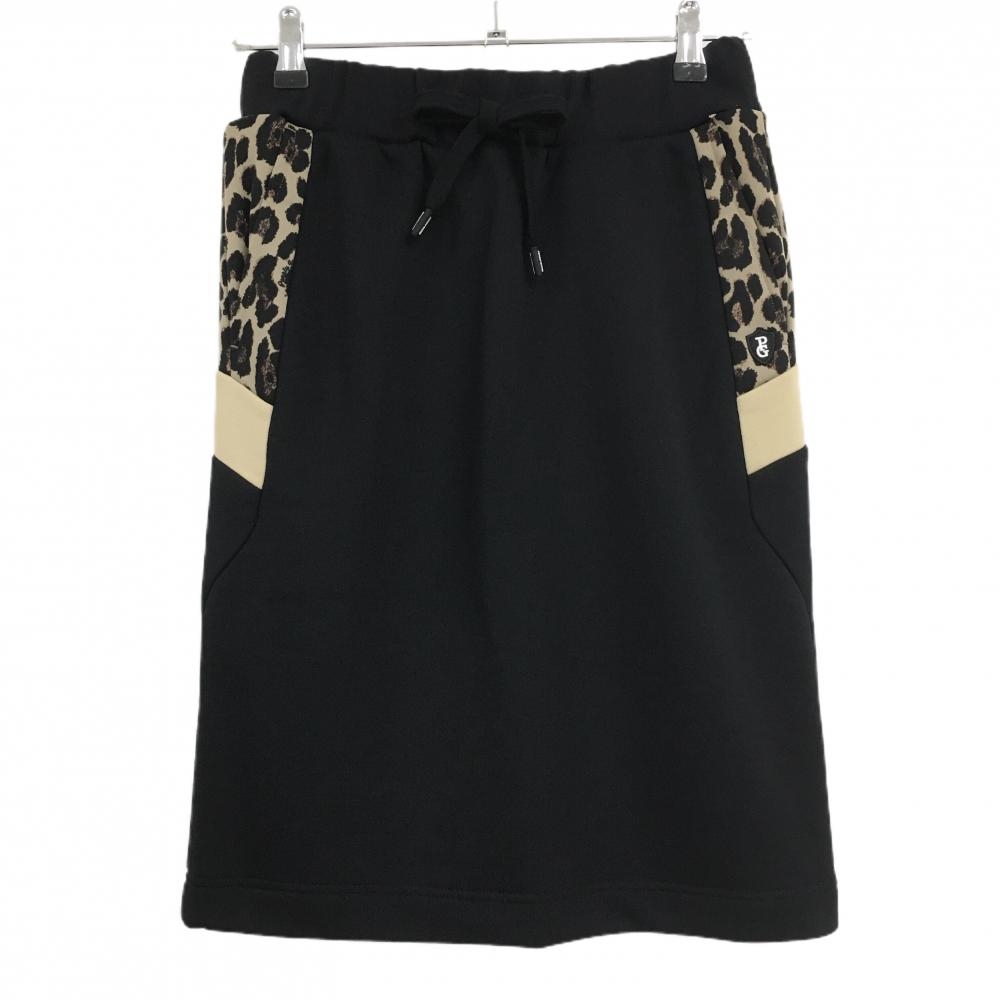 【新品】パーリーゲイツ スカート 黒×ベージュ 一部レオパード柄 ひざ丈 ウエストゴム 調節紐 レディース 0(S) ゴルフウェア PEARLY GATES