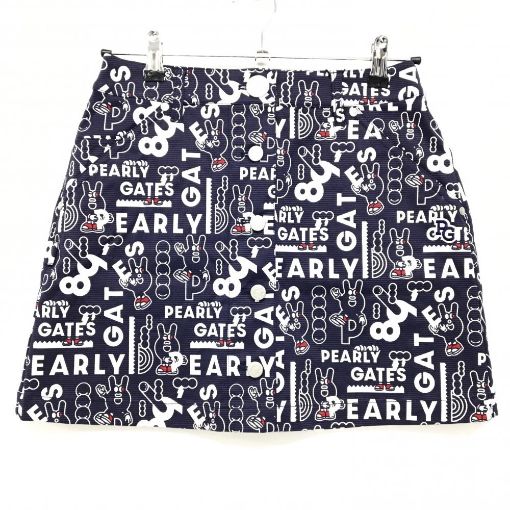 【新品】パーリーゲイツ スカート ネイビー×白 ロゴ総柄 どうしちゃったPG フロント レディース 0(S) ゴルフウェア PEARLY GATES