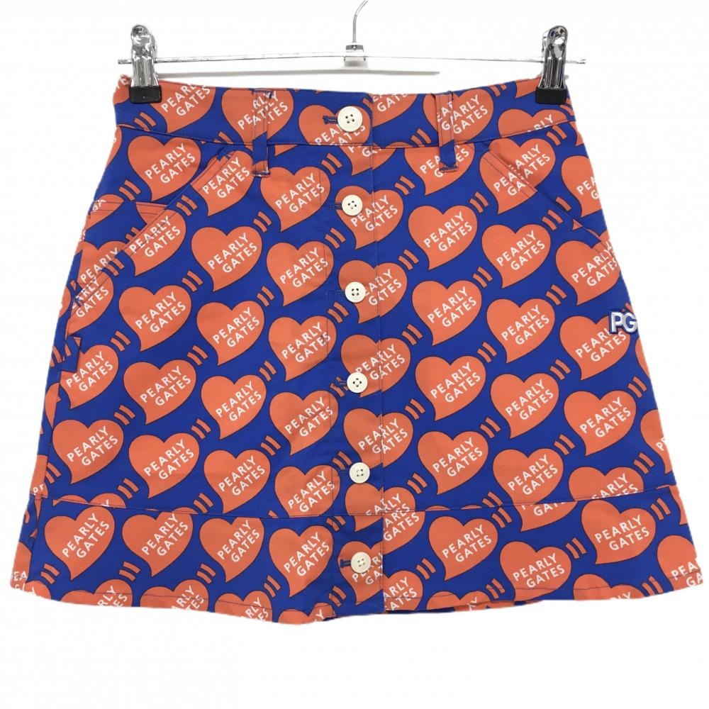 【新品】パーリーゲイツ スカート ブルー×オレンジ ハートロゴ総柄 フロントフェイクボタン レディース 00(XS) ゴルフウェア PEARLY GATES