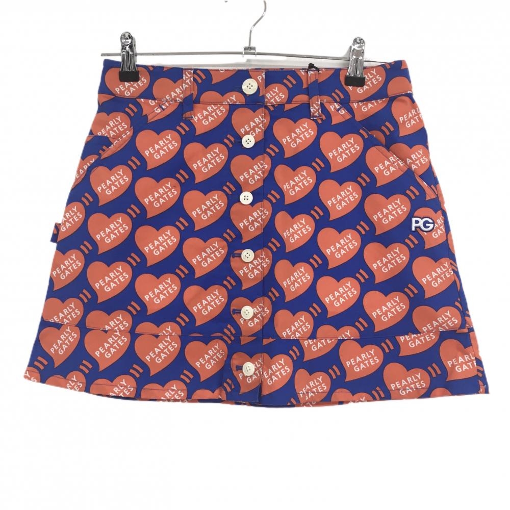 【新品】パーリーゲイツ スカート ブルー×オレンジ ハートロゴ総柄 フロントフェイクボタン レディース 0(S) ゴルフウェア PEARLY GATES