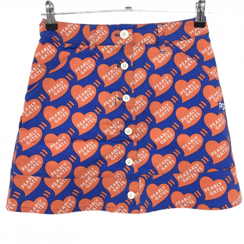 【新品】パーリーゲイツ スカート ブルー×オレンジ ハートロゴ総柄 フロントフェイクボタン レディース 00(XS) ゴルフウェア PEARLY GATES