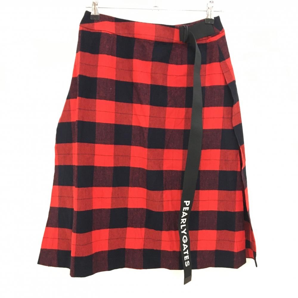 【新品】パーリーゲイツ スカート レッド×黒ダークネイビー チェック柄 サイドスリット レディース 0(S ) ゴルフウェア PEARLY GATES