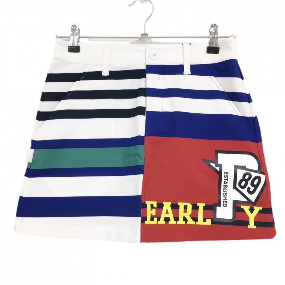 【新品】パーリーゲイツ スカート 白×ブルー ボーダー ロゴプリント レディース 0(S) ゴルフウェア PEARLY GATES