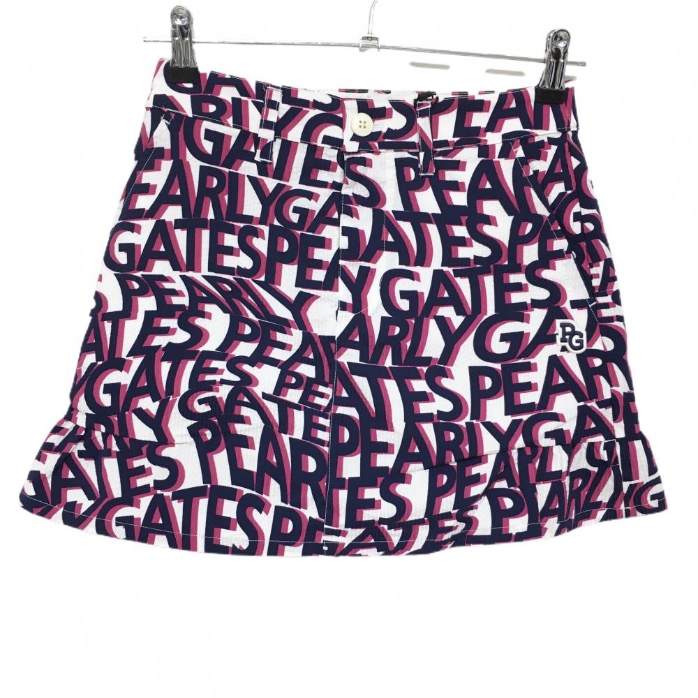 【新品】パーリーゲイツ スカート 白×ネイビー ロゴ英字総柄 サッカー生地 レディース 00(XS) ゴルフウェア PEARLY GATES