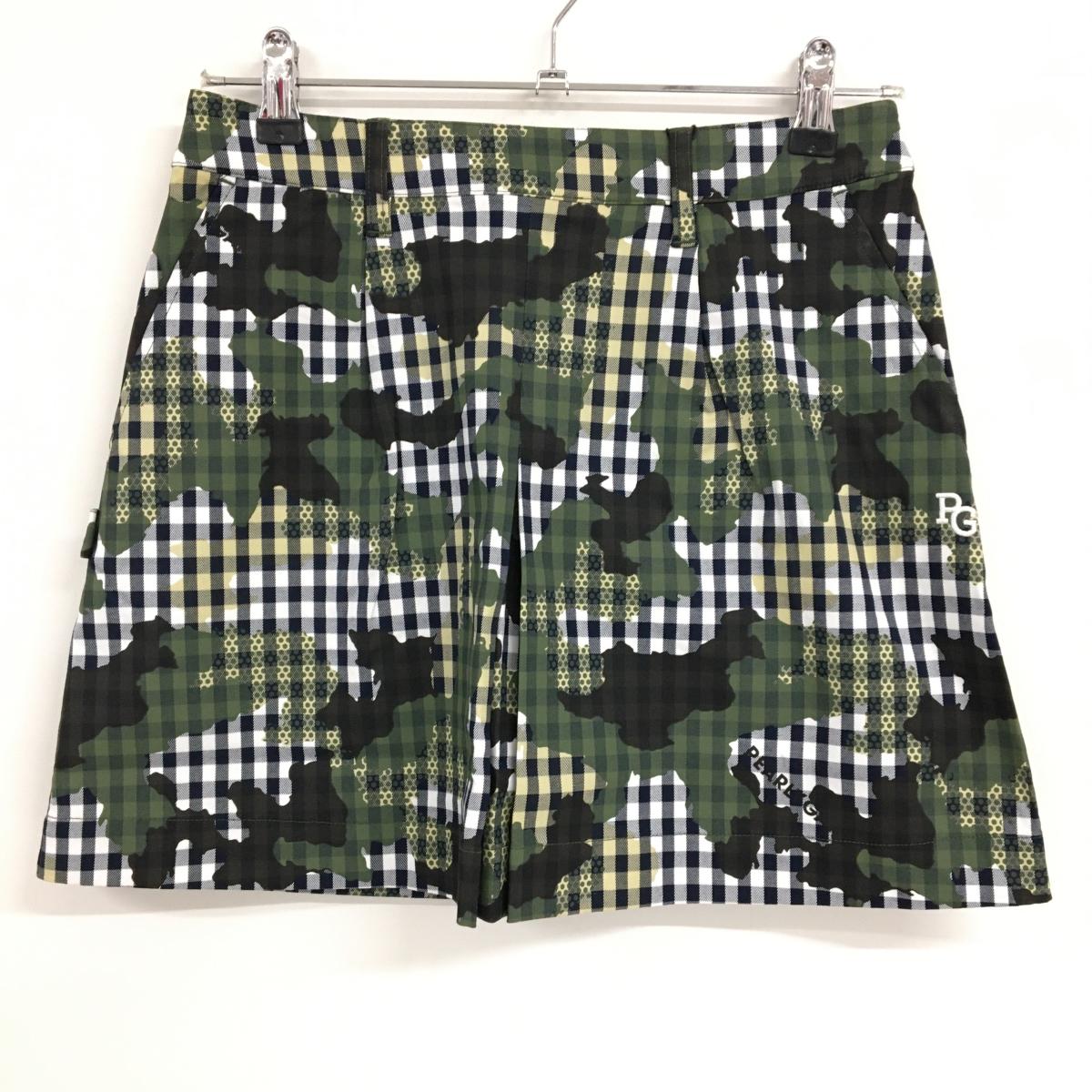 【新品】パーリーゲイツ スカート 白×カーキ チェック カモフラ調 バックファスナーリボン レディース 0(S) ゴルフウェア PEARLY GATES