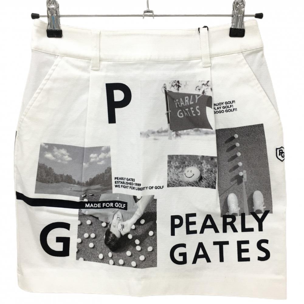【新品】パーリーゲイツ スカート 白×グレー 写真風 PGニコちゃん バックファスナーリボン レディース 0(S) ゴルフウェア PEARLY GATES