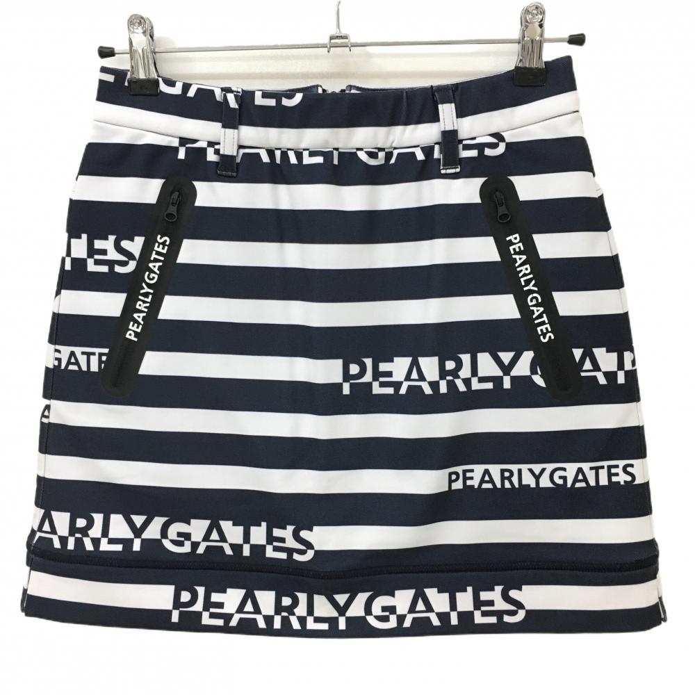 【新品】パーリーゲイツ スカート 白×ネイビー ボーダー柄 ポケットロゴプリント  レディース 0(S) ゴルフウェア PEARLY GATES