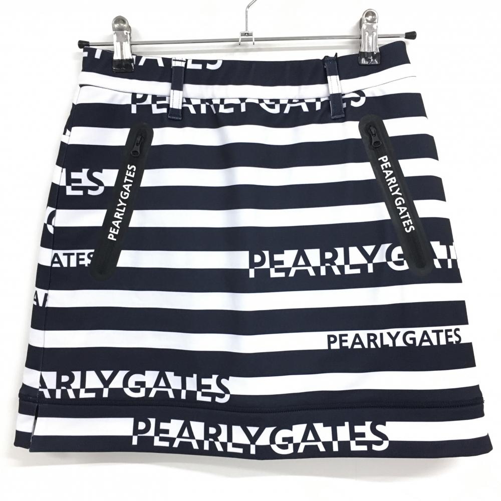 【新品】パーリーゲイツ スカート 白×ネイビー ボーダー柄 ポケットロゴプリント 裏微起毛 レディース 0(S) ゴルフウェア PEARLY GATES