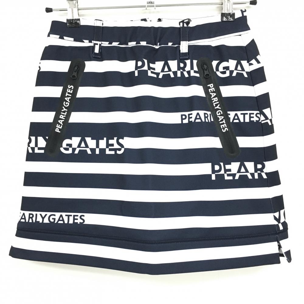 【新品】パーリーゲイツ スカート 白×ネイビー ボーダー柄 ポケットロゴプリント 裏微起毛 レディース 00(XS) ゴルフウェア PEARLY GATES