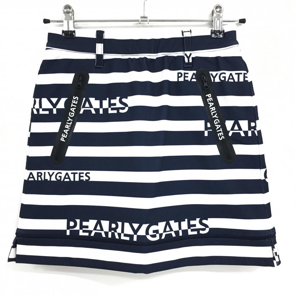 【新品】パーリーゲイツ スカート 白×ネイビー ボーダー柄 ポケットロゴプリント 裏微起毛 レディース 00(XS) ゴルフウェア PEARLY GATES