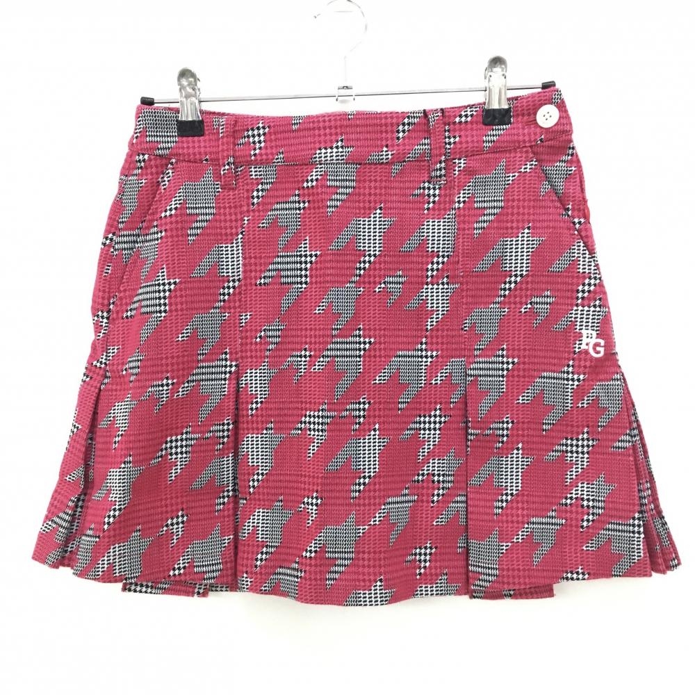 【新品】パーリーゲイツ ボックスプリーツスカート グレー×レッドピンク 千鳥柄 ロゴ白 レディース 0(S) ゴルフウェア PEARLY GATES