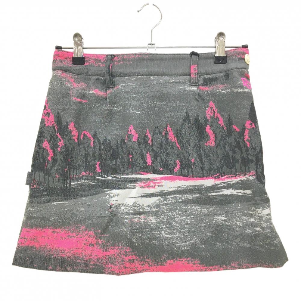 【新品】パーリーゲイツ スカート グレー×蛍光ピンク 総柄 自然 風景 裏地付き レディース S ゴルフウェア PEARLY GATES