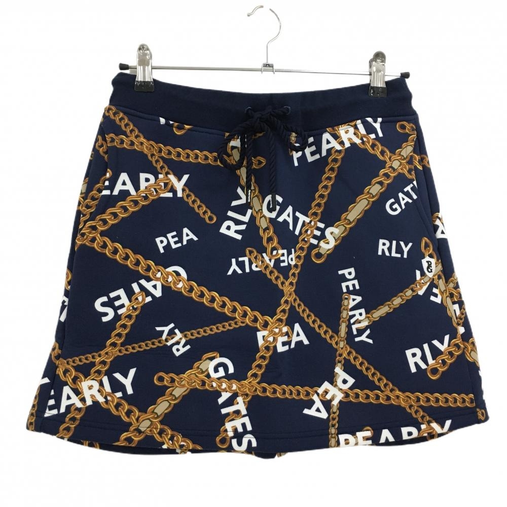 【新品】パーリーゲイツ スカート ネイビー×ゴールド チェーン柄 ウエストゴム 調節紐 レディース 1(M) ゴルフウェア PEARLY GATES