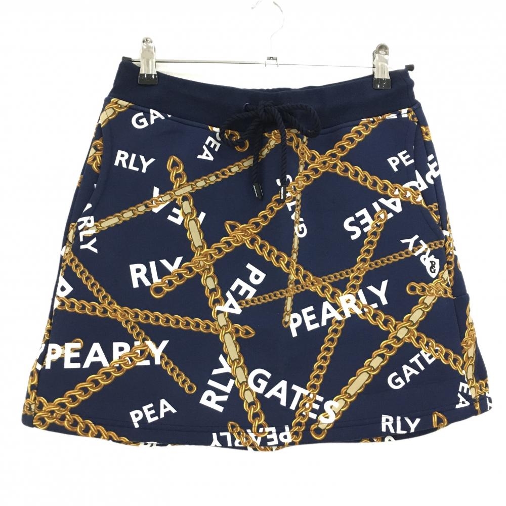 【新品】パーリーゲイツ スカート ネイビー×ゴールド チェーン柄 ウエストゴム 調節紐 レディース 1(M) ゴルフウェア PEARLY GATES