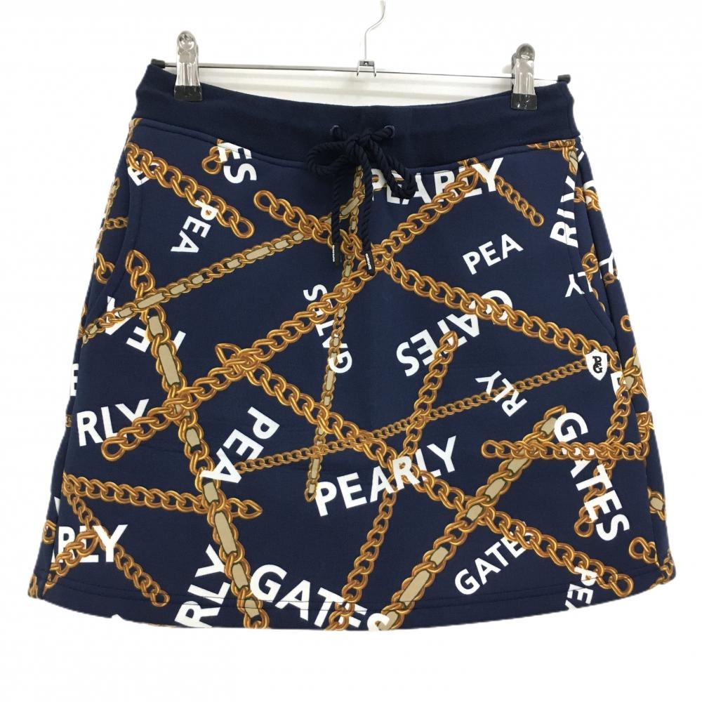 【新品】パーリーゲイツ スカート ネイビー×ゴールド チェーン柄 ウエストゴム 調節紐 レディース 1(M) ゴルフウェア PEARLY GATES