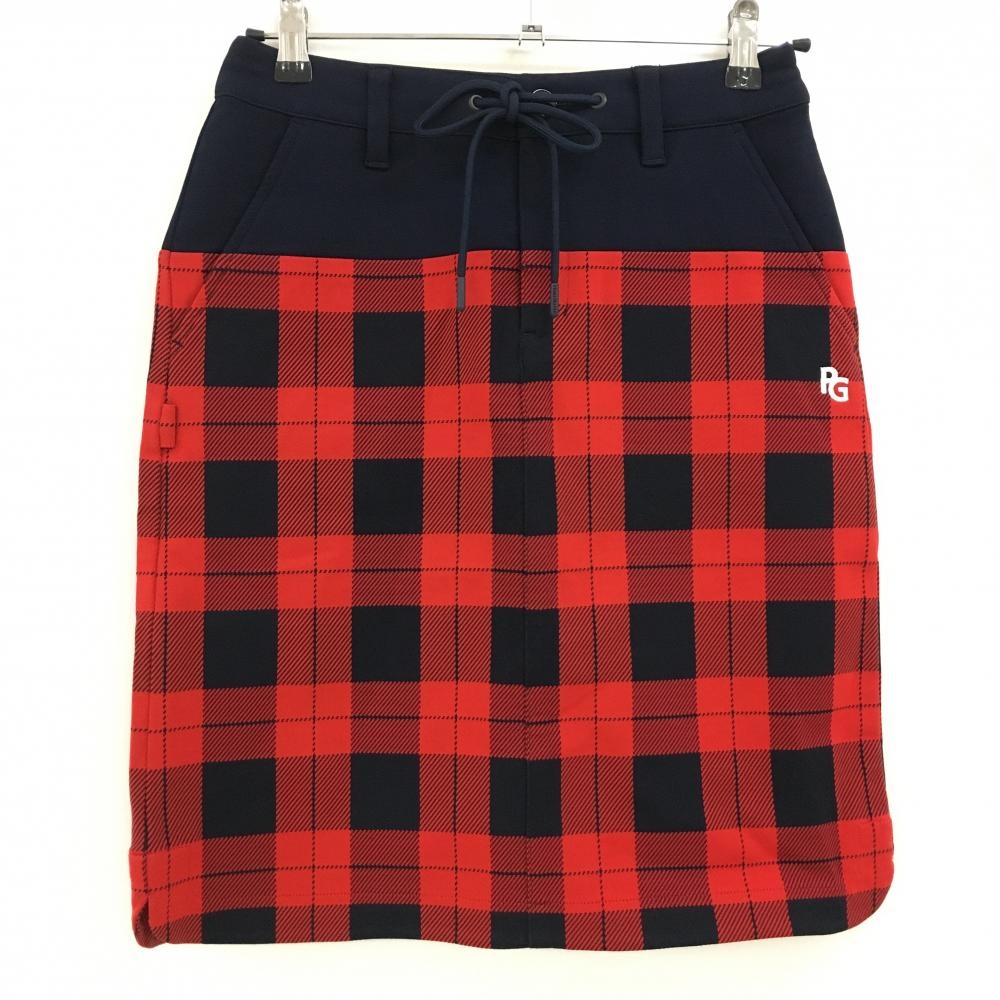 【新品】パーリーゲイツ スカート レッド×ネイビー チェック柄 ロゴ白 ウエスト調節紐 ひざ丈 レディース 0(S) ゴルフウェア PEARLY GATES