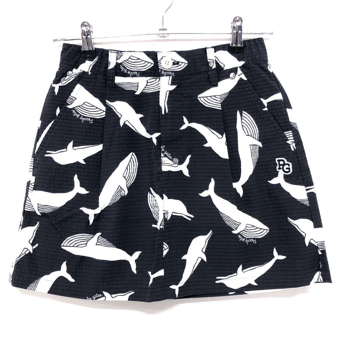 【新品】パーリーゲイツ スカート ネイビー×白 総柄 イルカ クジラ サッカー生地 レディース 00(XS) ゴルフウェア PEARLY GATES