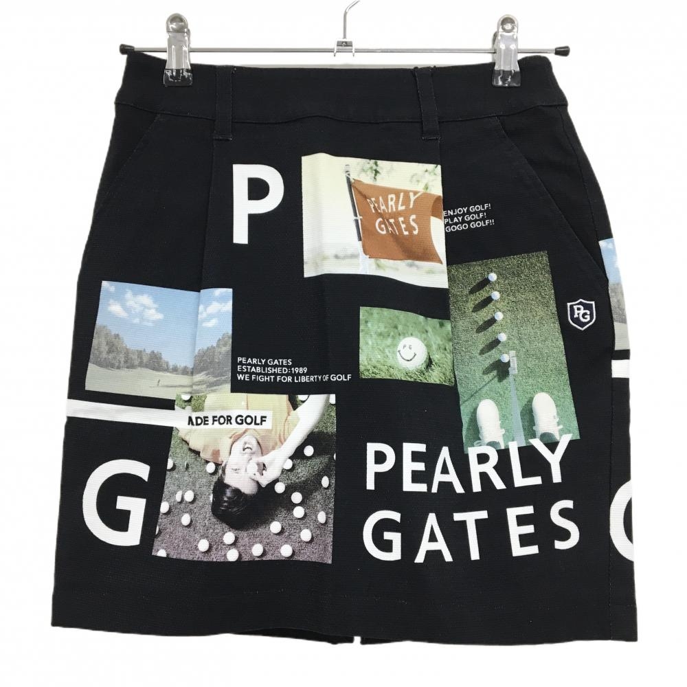 【新品】パーリーゲイツ スカート 黒×グリーン 写真風 PGニコちゃん レディース 00(XS) ゴルフウェア PEARLY GATES