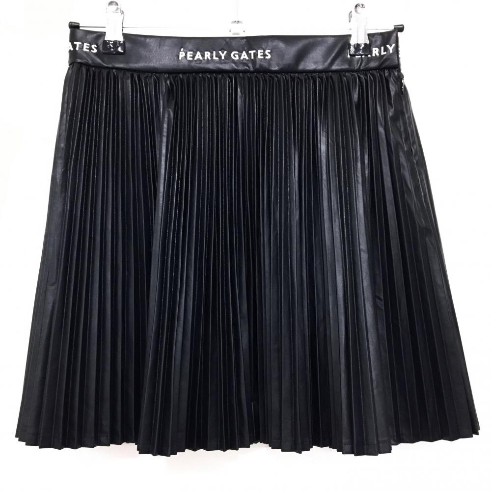 【新品】パーリーゲイツ プリーツスカート 黒×白 ウエストロゴ 光沢感 合皮 レディース 1(M) ゴルフウェア PEARLY GATES