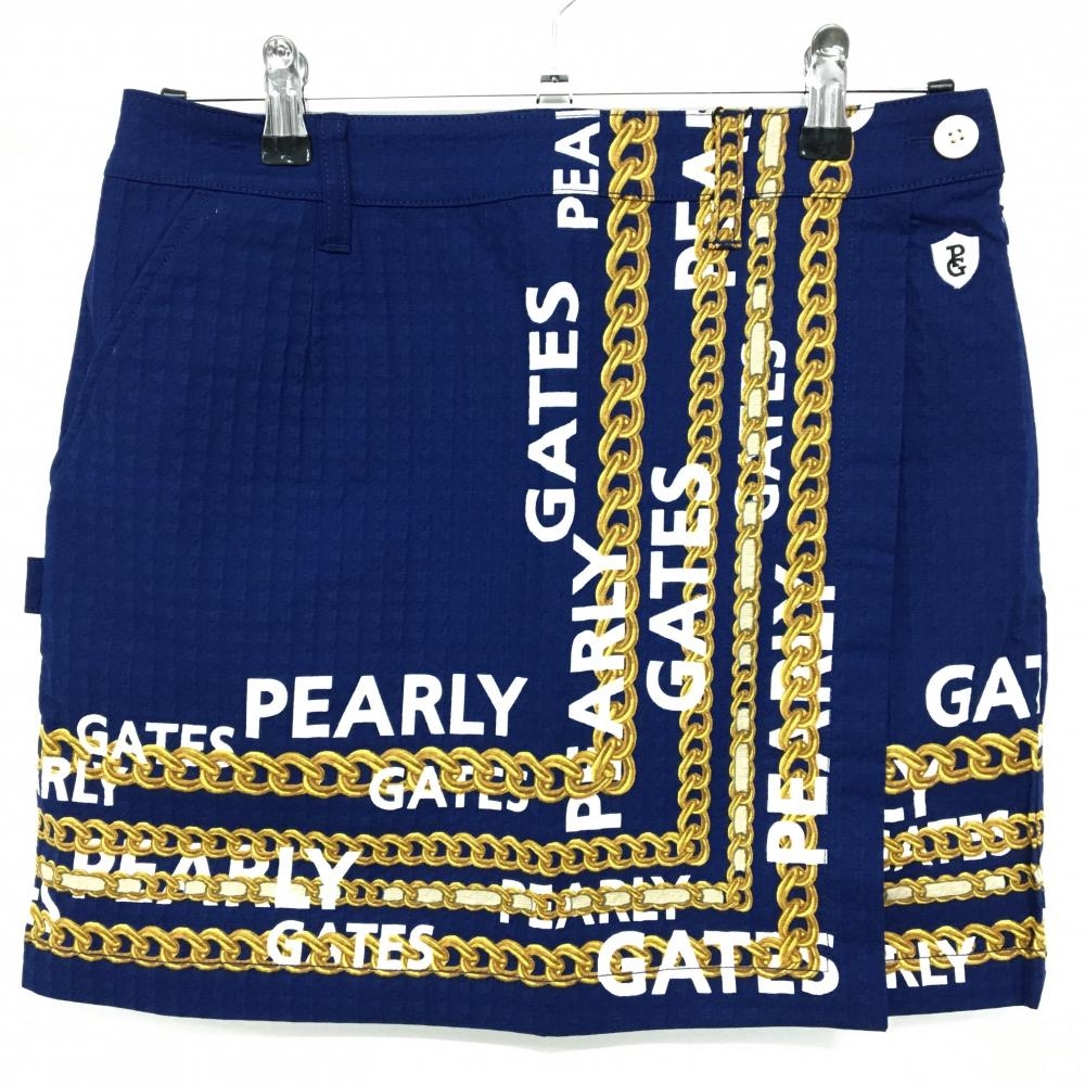 【新品】パーリーゲイツ スカート ネイビー×ゴールド チェーン柄 凸凹生地 サイドファスナー レディース 1(M) ゴルフウェア PEARLY GATES