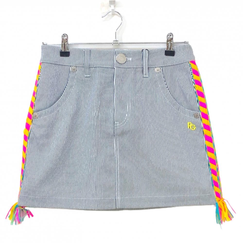 【新品】パーリーゲイツ スカート 白×ネイビー ストライプ サイド異素材 フリンジ レディース 1(M) ゴルフウェア PEARLY GATES