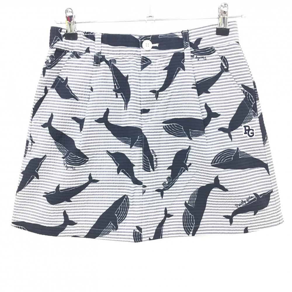 【新品】パーリーゲイツ スカート 白×グレー×黒 総柄 イルカ クジラ ボーダー サッカー生地 レディース 0(S) ゴルフウェア PEARLY GATES