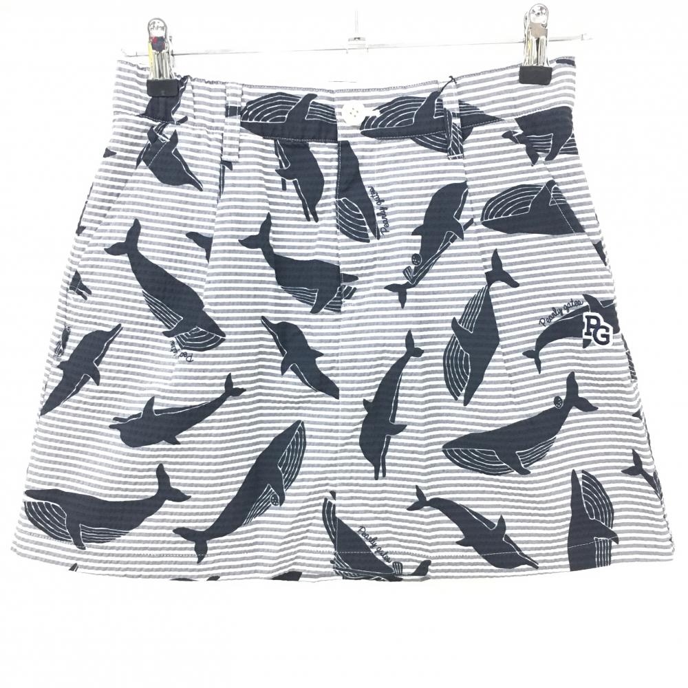 【新品】パーリーゲイツ スカート 白×グレー×黒 総柄 イルカ クジラ ボーダー サッカー生地 レディース 0(S) ゴルフウェア PEARLY GATES