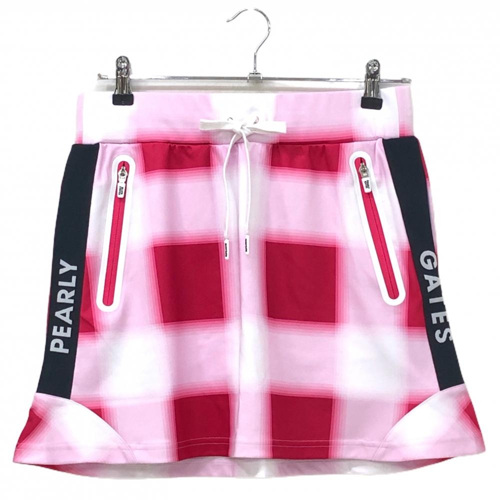 【新品】パーリーゲイツ スカート 白×レッドピンク 格子柄 サイドロゴ ウエストゴム 調節紐 レディース 1(M) ゴルフウェア PEARLY GATES