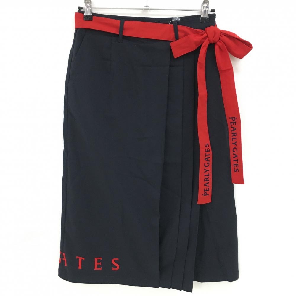 【新品】パーリーゲイツ スカート ネイビー×レッド 裾ロゴ刺しゅう 共布ベルト付   レディース 0(S) ゴルフウェア PEARLY GATES