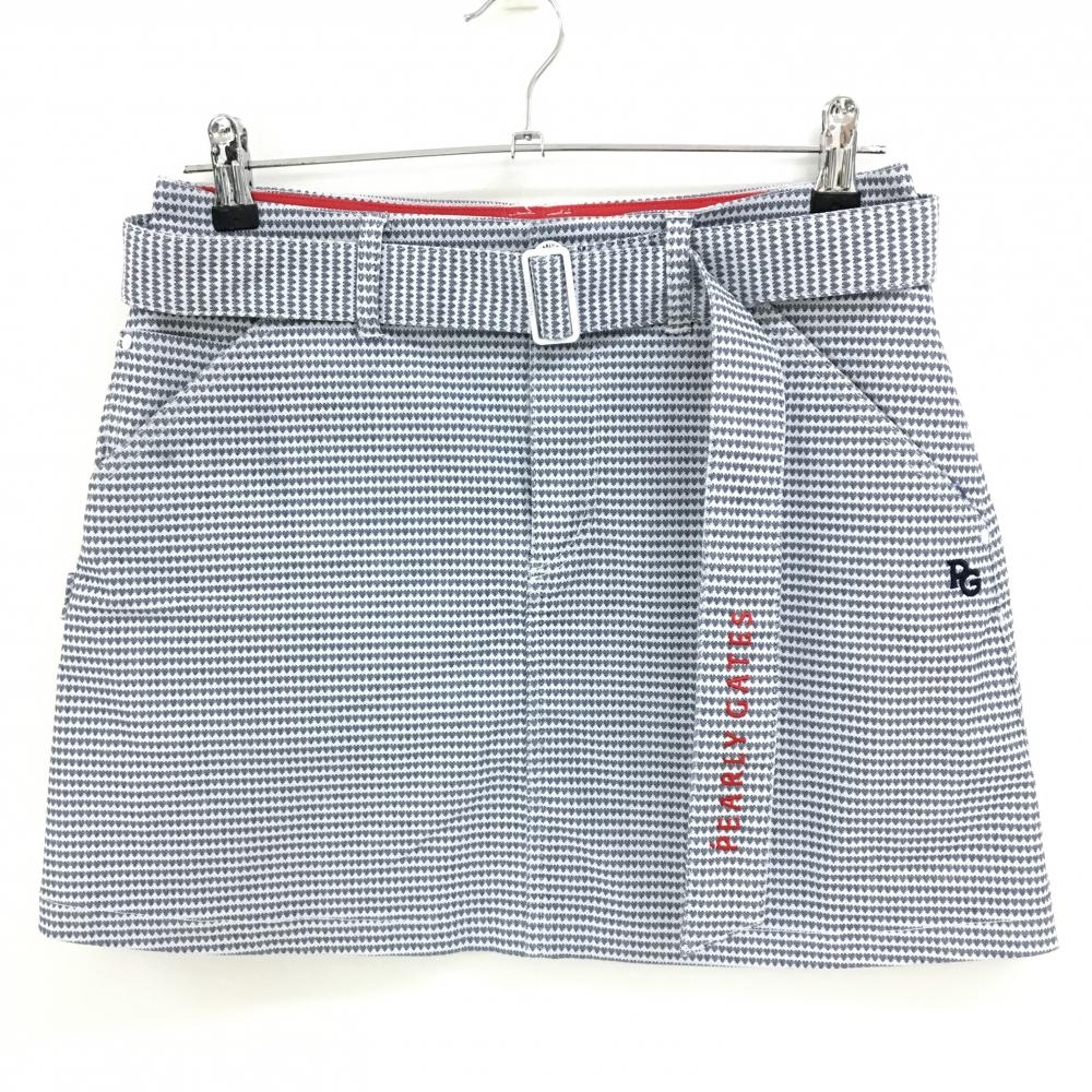 【美品】パーリーゲイツ スカート グレー×白 ハート総柄 共布ベルト付  レディース 1(M) ゴルフウェア PEARLY GATES