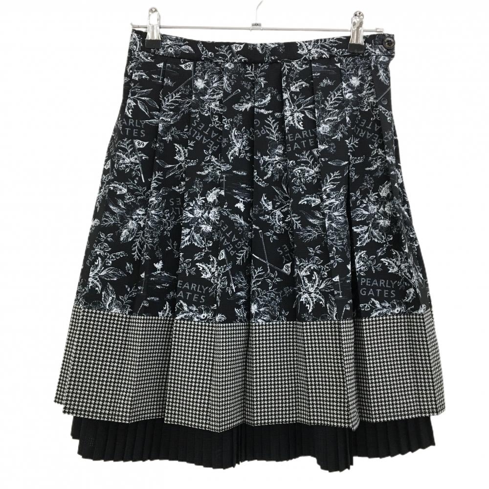 【新品】パーリーゲイツ プリーツスカート 黒×白 花柄 格子織生地 ひざ丈 レディース 1(M) ゴルフウェア PEARLY GATES