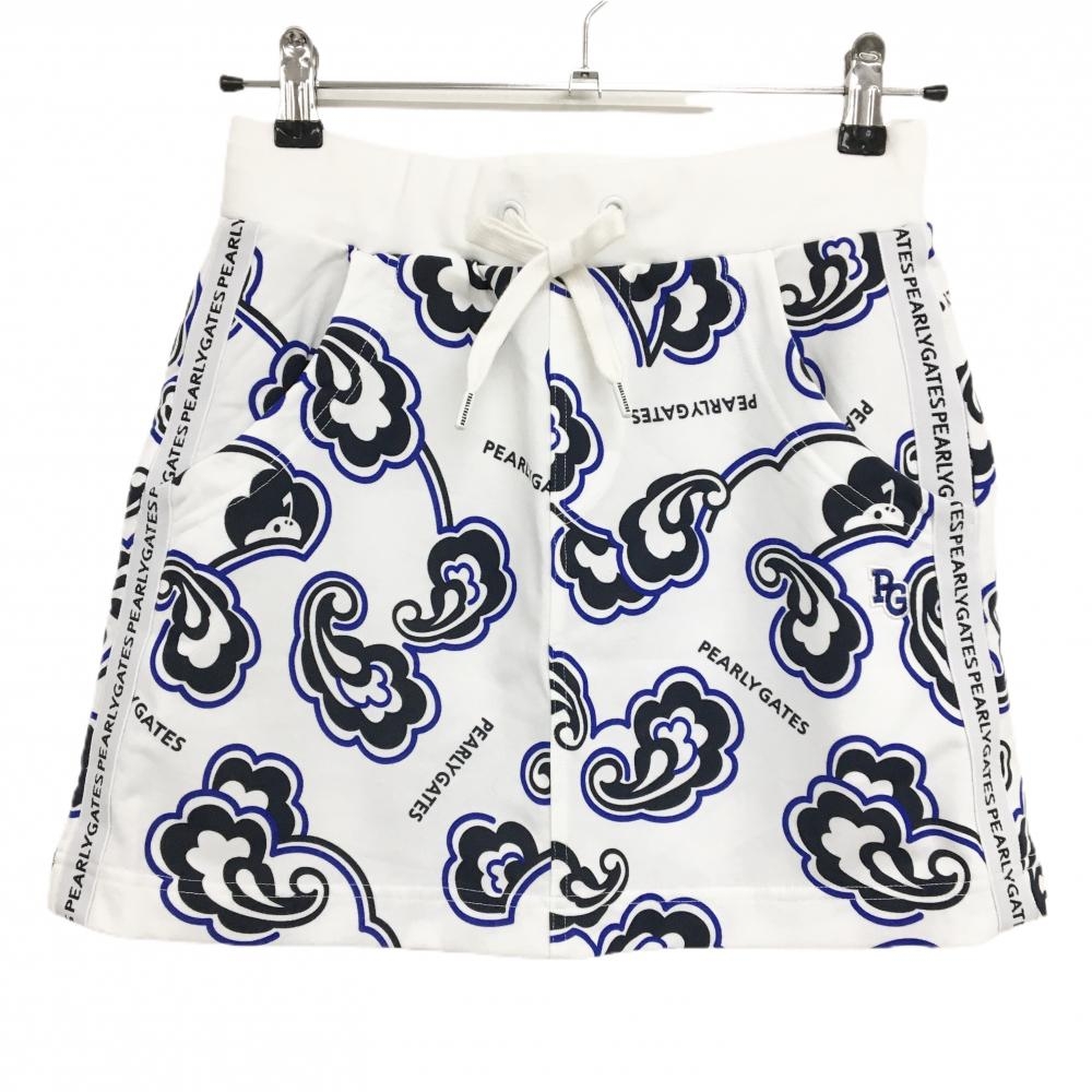 【超美品】パーリーゲイツ スカート 白×ブルー 総柄 ベルト部ゴム レディース 0(S) ゴルフウェア PEARLY GATES