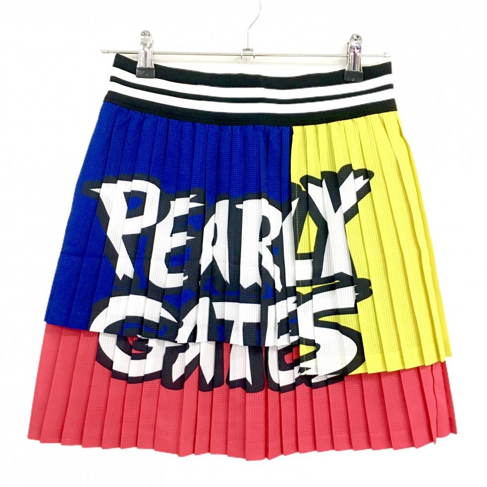 【新品】パーリーゲイツ スカート ネイビー×イエロー×レッド プリーツ メッシュ生地  レディース 0(S) ゴルフウェア PEARLY GATES