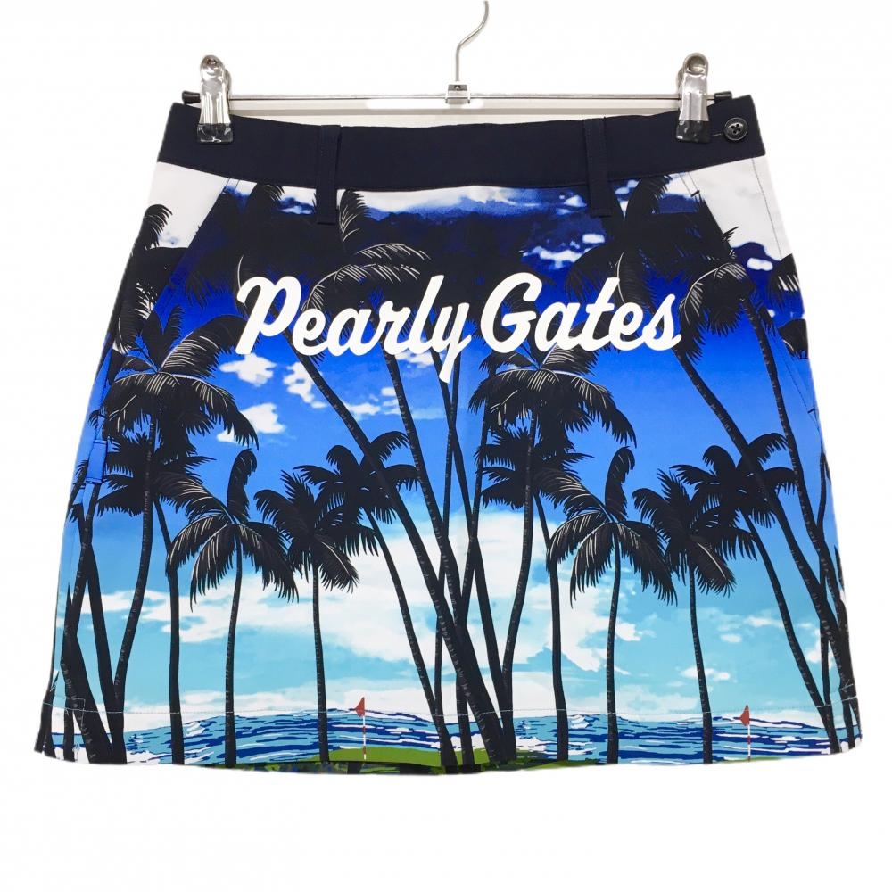 【新品】パーリーゲイツ スカート 黒×ブルー ヤシの木柄 ストレッチ レディース 1(M) ゴルフウェア PEARLY GATES