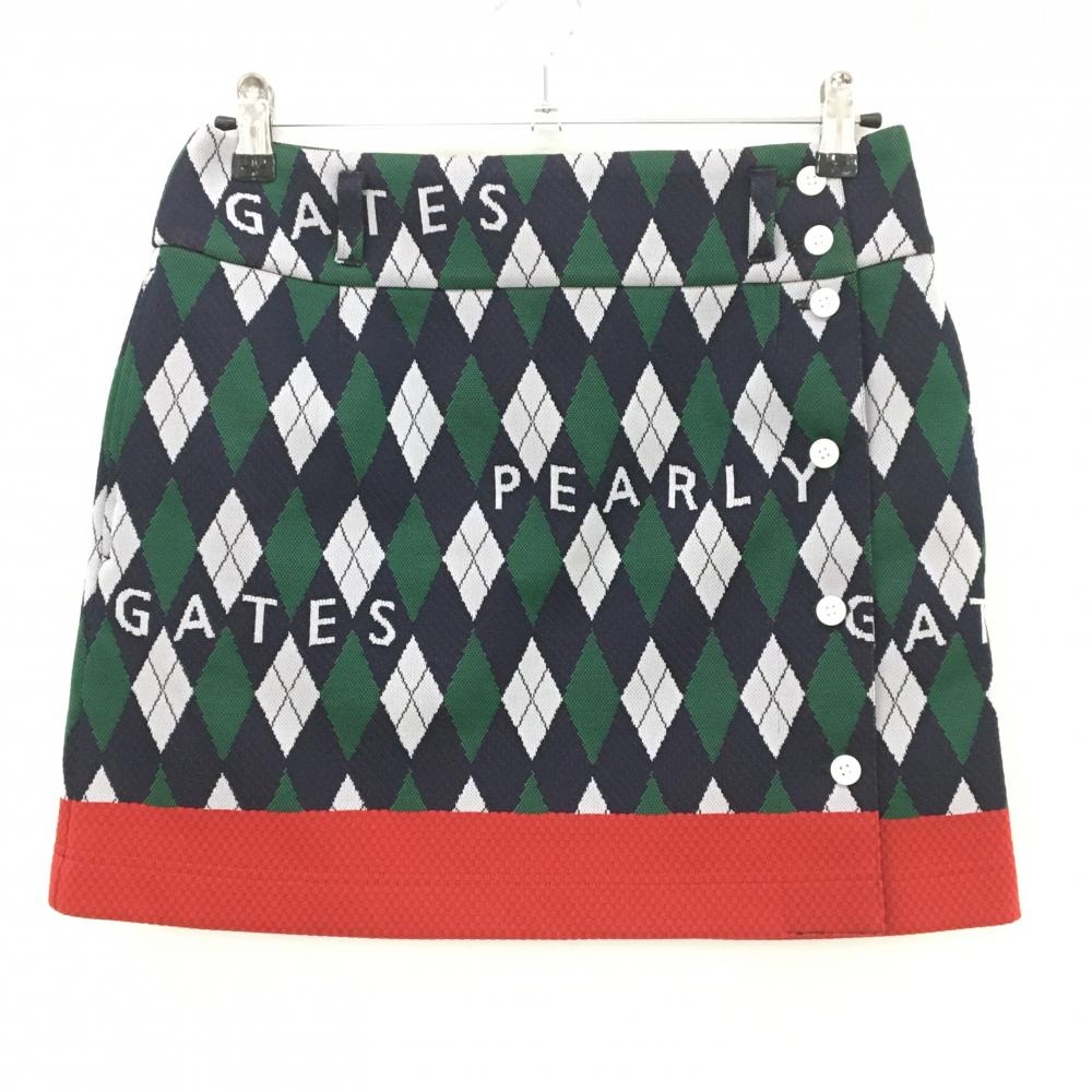 【美品】パーリーゲイツ スカート ネイビー×グリーン アーガイル風織生地  レディース 2(L) ゴルフウェア 2023年モデル PEARLY GATES