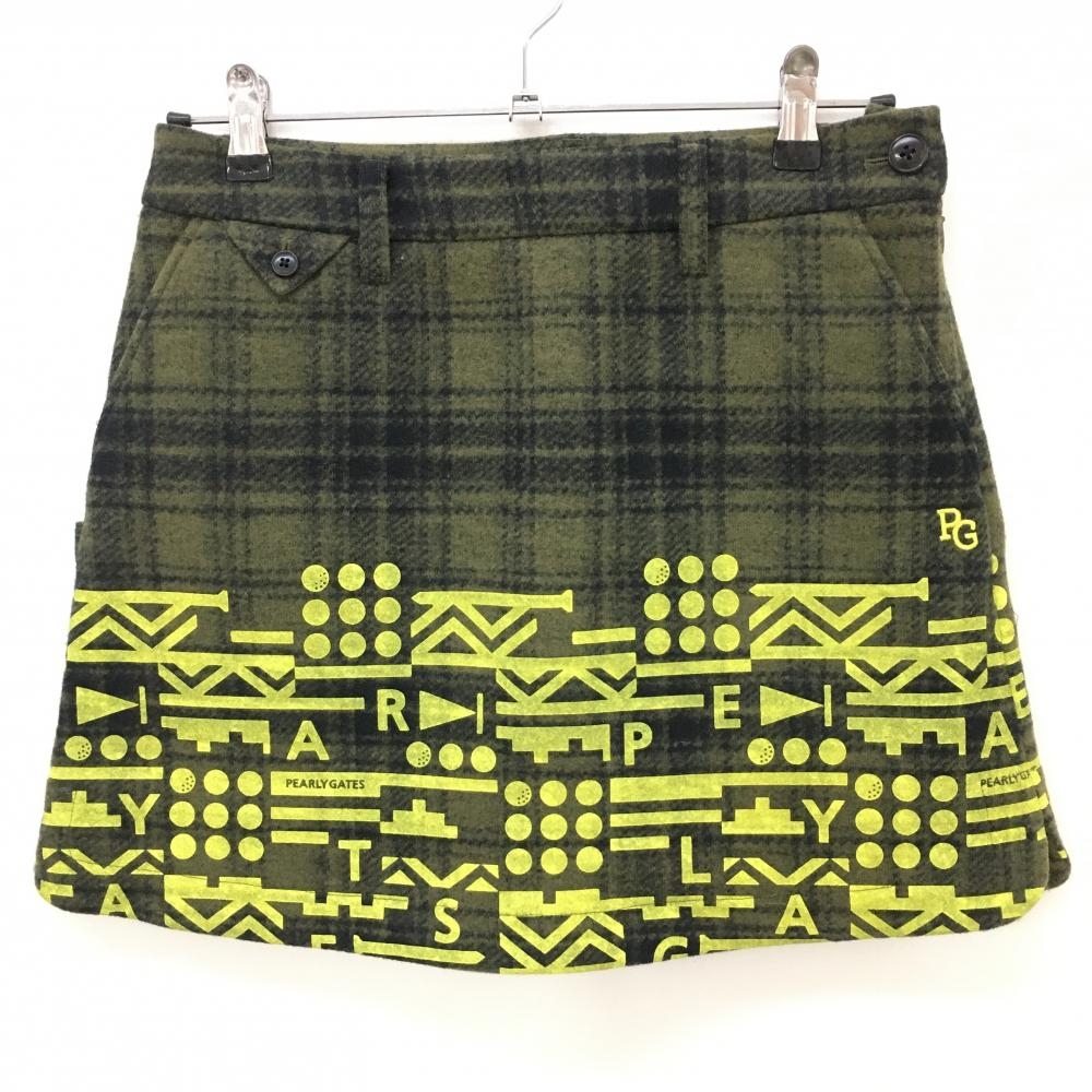 【新品】パーリーゲイツ スカート カーキ×イエロー チェック 表起毛 下部プリント レディース 1(M) ゴルフウェア PEARLY GATES