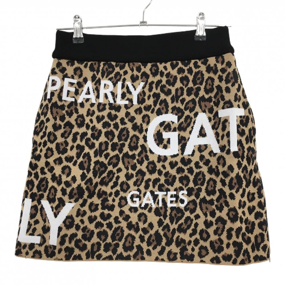 【新品】パーリーゲイツ ニットスカート ライトブラウン×黒 レオパード柄 ロゴ白 ウール混 レディース 1(M) ゴルフウェア PEARLY GATES
