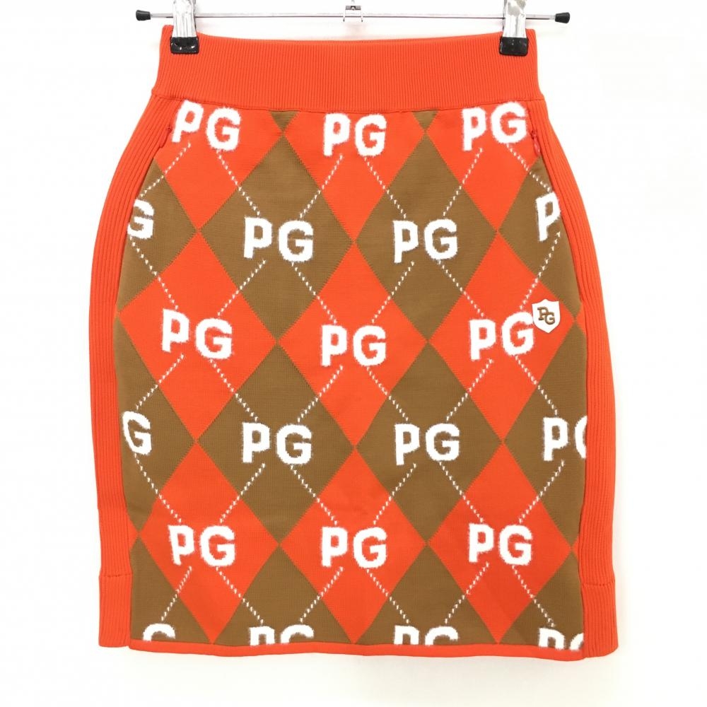 【新品】パーリーゲイツ ニットスカート オレンジ×ブラウン アーガイル柄 ロゴ ウエストゴム レディース 0(S) ゴルフウェア PEARLY GATES