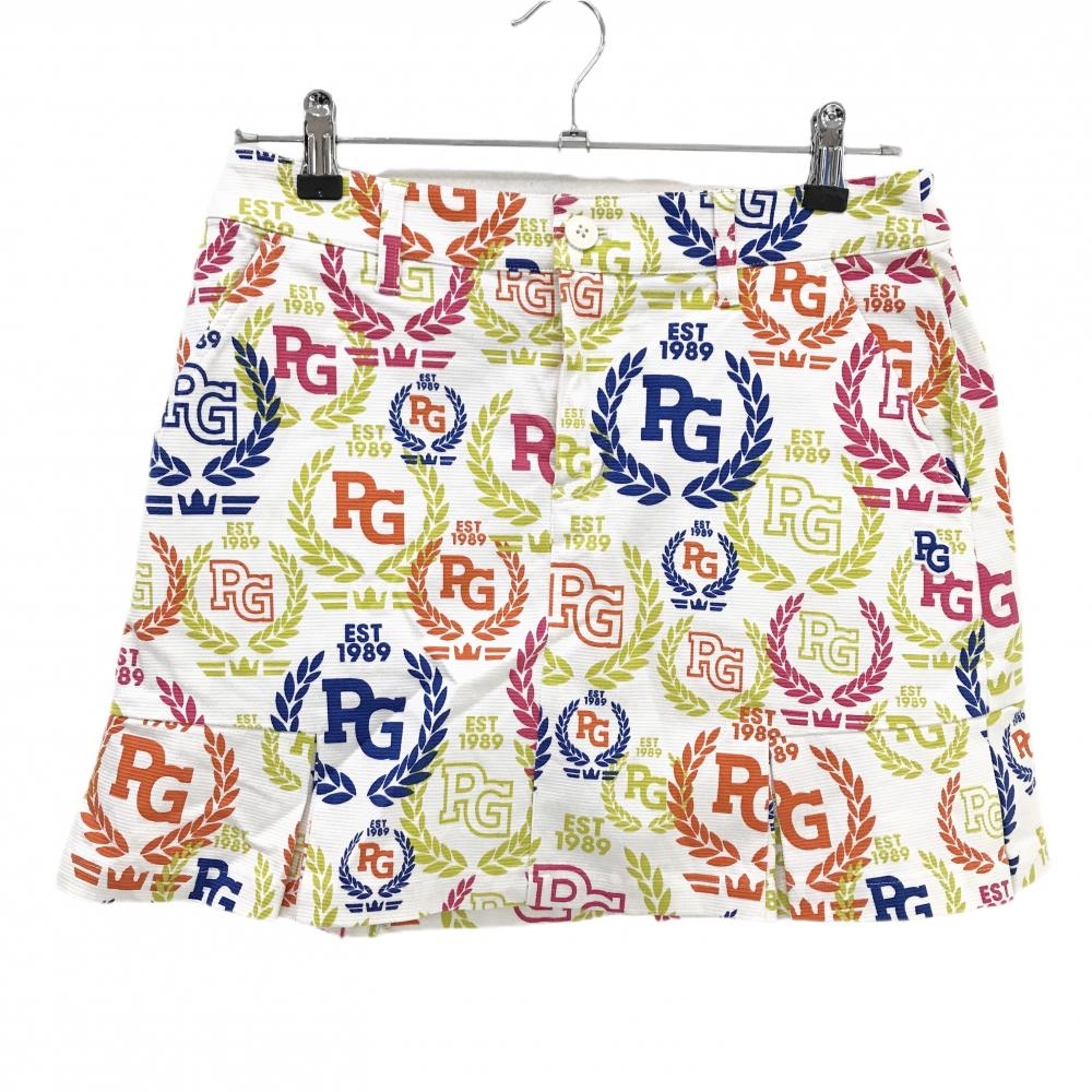 【超美品】パーリーゲイツ スカート 白×マルチカラー ロゴ総柄 レディース 1(M) ゴルフウェア PEARLY GATES