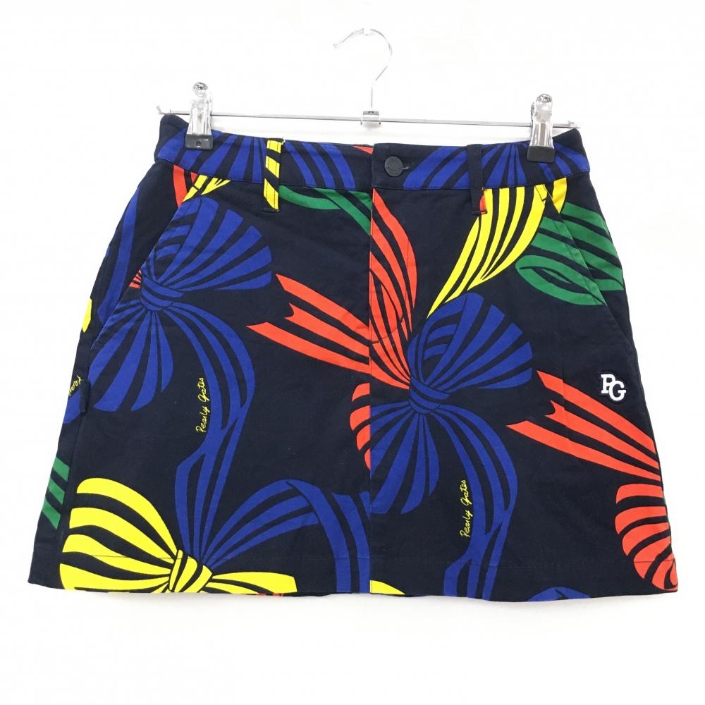 【美品】パーリーゲイツ スカート ダークネイビー×ブルー×イエロー リボン総柄 30周年 レディース 0(S) ゴルフウェア PEARLY GATES