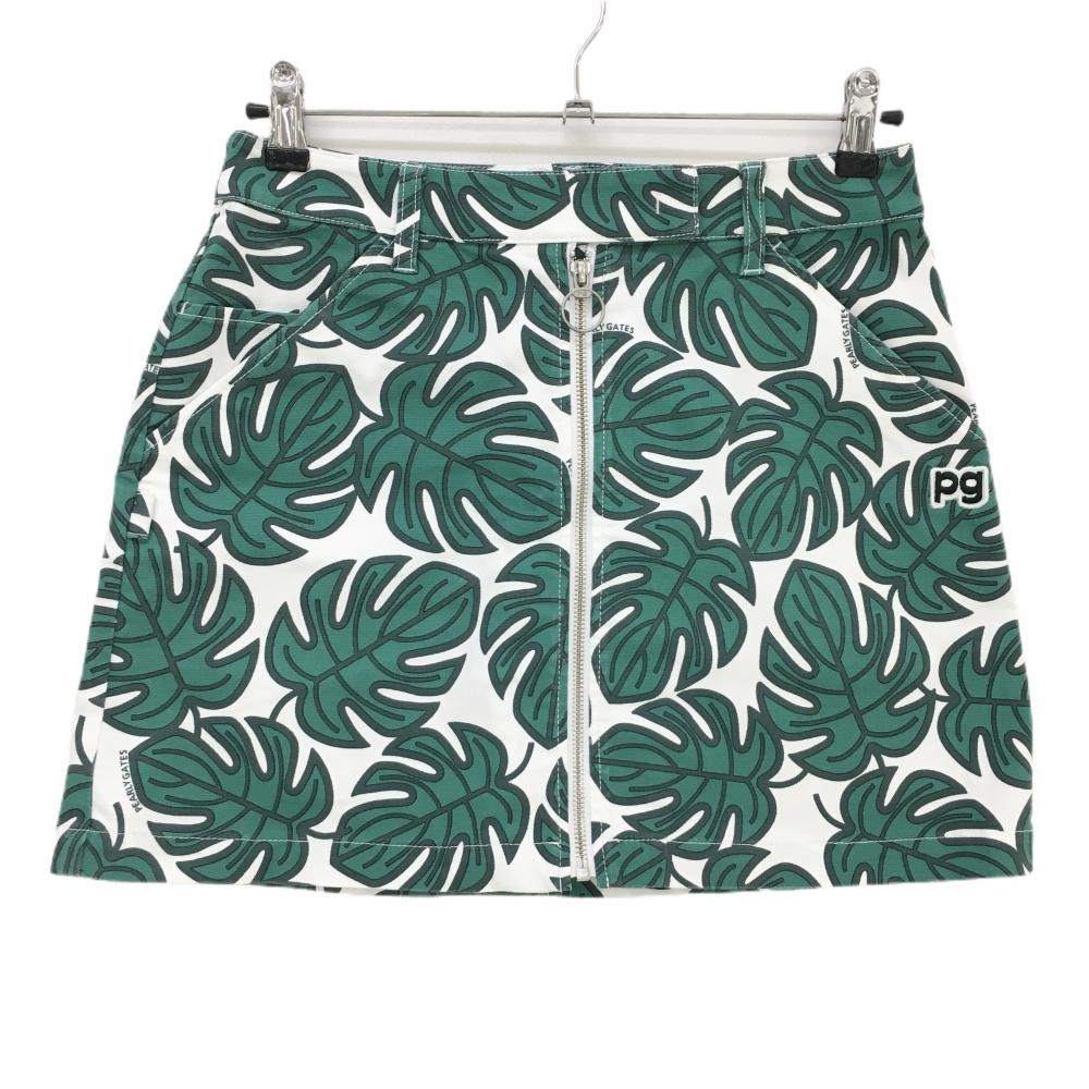 【美品】パーリーゲイツ スカート グリーン×白 リーフ柄 フロントジップ レディース 1(M) ゴルフウェア PEARLY GATES